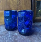 3 vintage Blenko cobalt Blue Crackle Glass Hand Blown Tumbler 10oz mid century