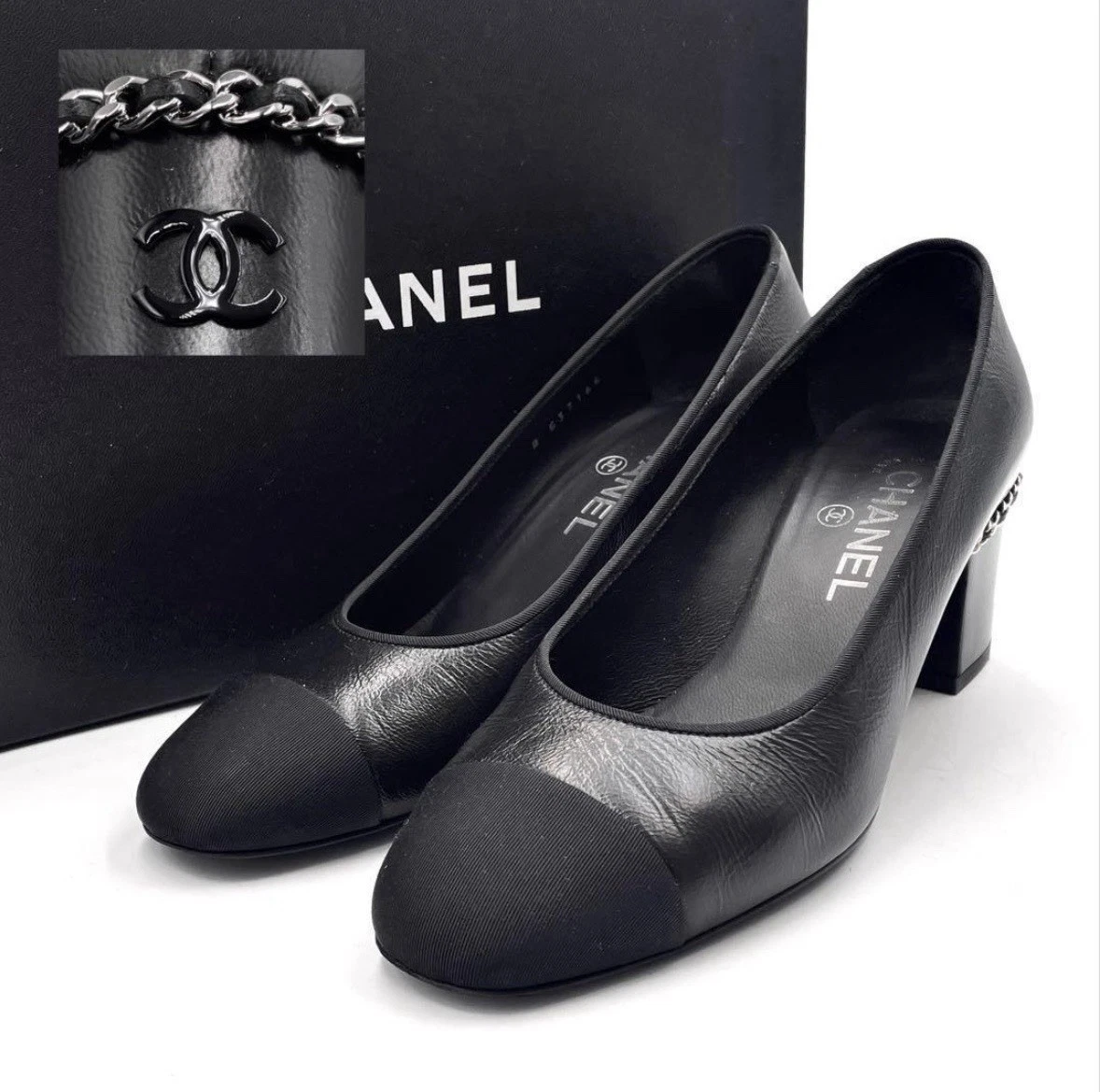 靴 Chanel black leather pumps with heels CHANEL Block Heel Women's Pump Upper Leather for sale | eBay