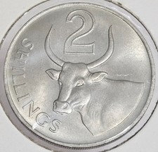 1966 The Gambia 2 Shillings Copper-Nickel Coin Bull Design KM#5 - Uncirculated