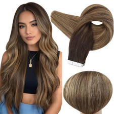Tape in Hair Extensions Human Hair Color 2 Dark Brown Ombre 3 Brown Highlighted