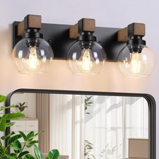 Farmhouse Bathroom Light Fixtures, 3-Light Rustic Wood Bathroom Lights Over M...