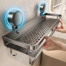 No‑Drill Bathroom Shelf – Aluminum Suction Cup Hanging Rack Organizer, Wall Moun