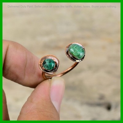Round Zambian Emerald Stone Copper Electroformed Solitaire Daughter Ring Jewelry