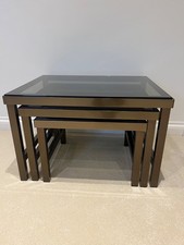 Retro vintage trio nest of high quality metal tables with smoked glass tops