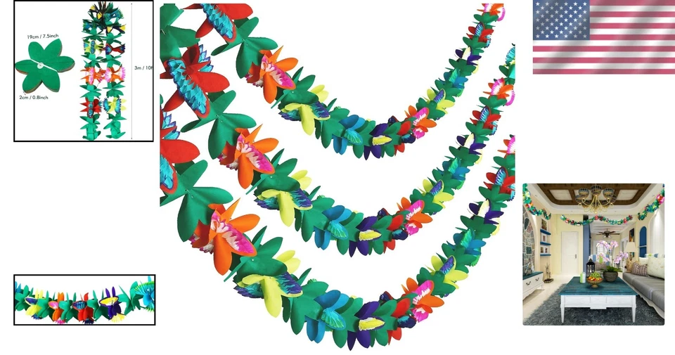 Paquete de 3 guirnaldas de flores de tejido tropical de 10 pies - reutilizables para celebraciones de verano Foto 2 de 4