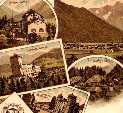 AK-LITHO~1900 -Gruss aus LIENZ- Schießstand, Schloss BRUCK, Tristacher See - Bild 1 von 3