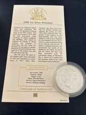 2008 1 oz Silver Britannia .958 Fine Silver Coin Uncirculated, Capsule Condition