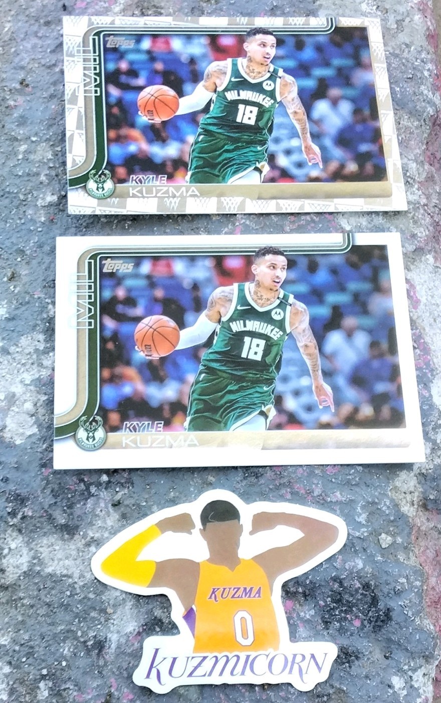 Topps Kyle Kuzma #56 Bucks 2024-25 NBA Basketball 2 Card lot with Lakers sticker