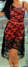 Coral Pink Black Lace Overlay High-Low Hi-Lo Sleeveless Tank Dress w/ Belt