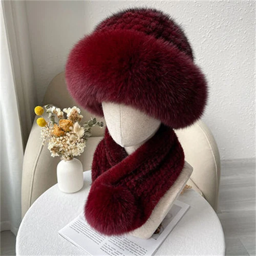 Cappello donna pelliccia visone + vera pelliccia visone vera sciarpa berretto lavorato a maglia berretto sci elasticizzato - Foto 9 di 22