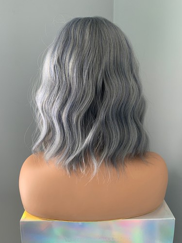 Short Dusk Blue Grey Wave Wig with Bangs, 12 Inch Costume Cosplay Wig - Picture 6 of 9