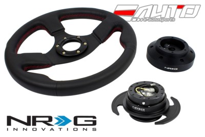 NRG 320mm Race Leather Red St steering wheel + 101H Hub Gen3 Black Quick Release