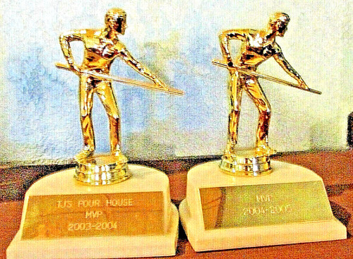 2 Vtg 5 1/4" Men's POOL PLAYERS Gold Tone White Plastic TROPHIES Metal Hardware