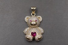 10K Solid Yellow Gold 1.35" Iced Cute Teddy Bear CZ Charm Pendant.