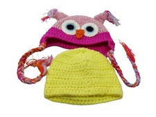 Crochet Hats Baby Girl Pink Owl Yellow Handmade 0-6 Months
