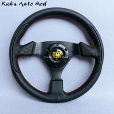 Omp 330mm 13 Lychee Genuine Leather Red Stitching Flat Sport Steering Wheel R