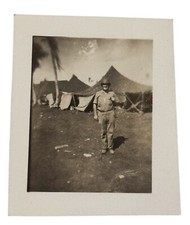 WW2 Era Photo U.S. Army GI In Front Of Tents Base Camp