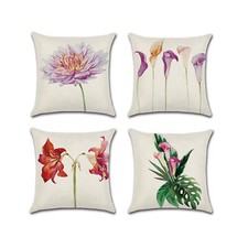 Set of 4 Pillow Covers 18x18, Flower Themed Design Cotton Linen Fabric