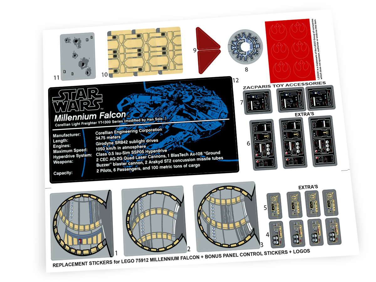 CUSTOM STICKERS for STAR WARS Set 75192 Millennium Falcon ,MODELS