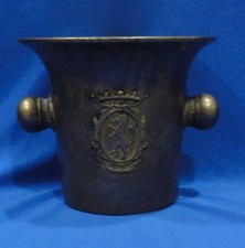 ANTIQUE, 1920’S FRENCH SOLID BRASS APOTHECARY MORTAR, LION COAT OF ARMS