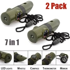 2x 7-in-1 Military Emergency Survival Whistle Kit- Compass LED Light Thermometer