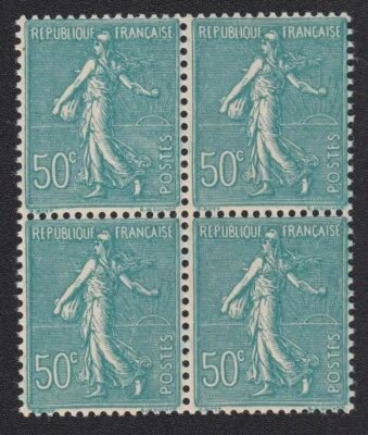 bloc 4 timbres 1937-39 France Y&T n°362 semeuse lignée 50c turquoise neuf - Photo 1/2