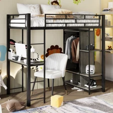 Metal Loft Bed with Desk Wardrobe and Storage Shelves Bed Frames for Home School