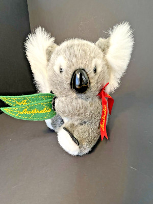 Plush Koala Bear, 7'', gray, ''Australia'' on green felt leaves & red ribbon bow