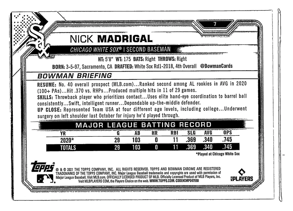 2021 Bowman Chrome Nick Madrigal ROOKIE CARD #7 - Chicago White Sox - Image 2 of 2