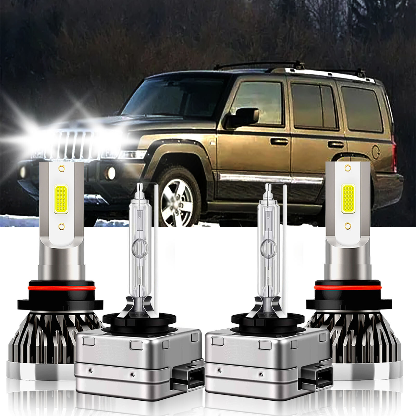 6000K 4PCS LED HID Headlight High Low Beam Bulbs For Jeep Commander 2009-2010