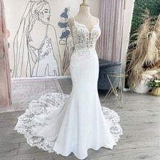 Elegant Mermaid Satin Wedding Dress Lace V Neck Bohemian Court Train Bridal Gown