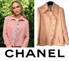 Chanel Vintage 2001 Barbie Pink Tweed Jacket 40 42 44 8 10 12 Coat Logo Vtg M L