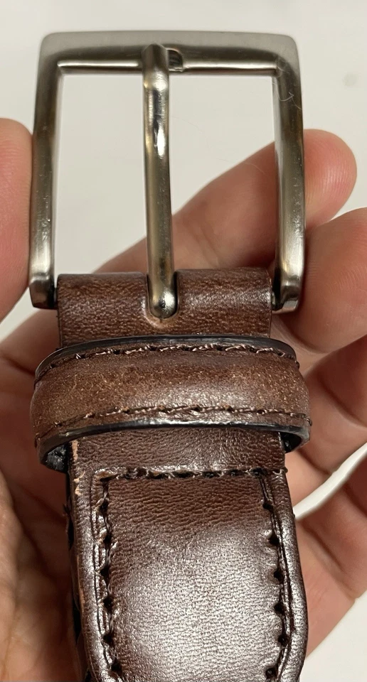 Cinturón trenzado de cuero sintético marrón para hombre talla 50-52 hebilla plateada clásico de negocios Foto 3 de 4