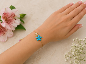 Authentic Handmade Turquoise Bracelet Handcrafted 14k Yellow Gold Plated Adjustable Length