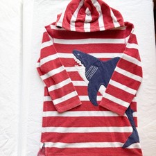 Mini Boden Hooded Shark Appliqu Striped Beach Cover-Up Red/White Kids 8-9Y