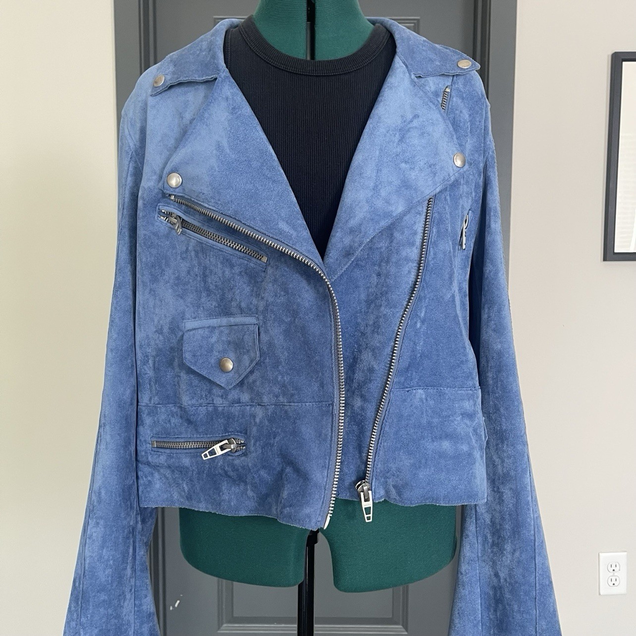 Blank NYC Blue Suede Moto Jacket Women’s Size Large Anthropologie Biker
