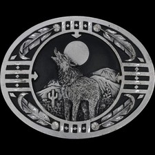 New Wolf Wolves Howl Moon Native American Tribal Cowboy Cowgirl Vtg Belt Buckle