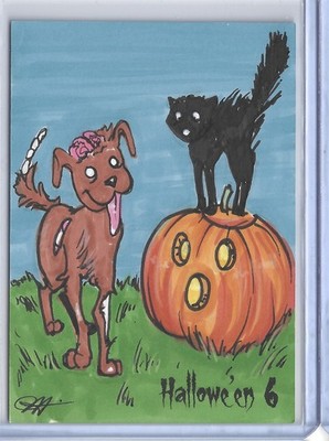 Perna Studios Hallowe'en 6 Sketch Card by Jessica Hickman Zombie Dog + Cat
