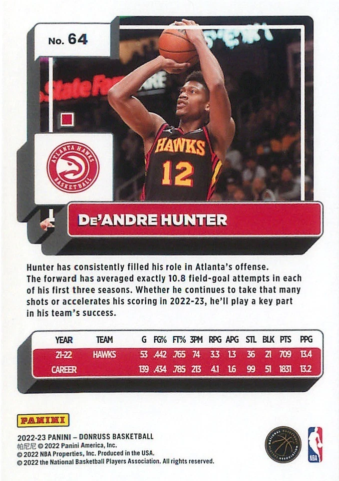 2022-23 Panini Donruss - De'Andre Hunter #64 SILVER PRESS PROOF - Image 2 of 2