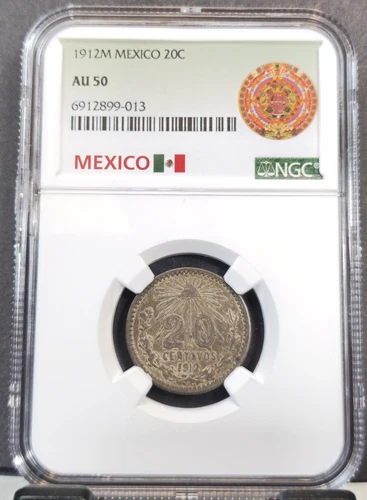 1912 MEXICO SILVER 20 CENTAVOS NGC AU 50 RARE KEY DATE