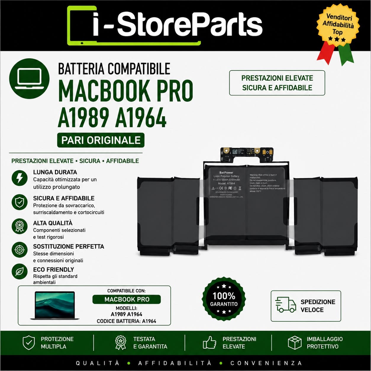 BATTERIA DI RICAMBIO A1964 APPLE MACBOOK PRO 13" 2018 2019 2020 A1989 5100mAh