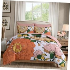 Floral Comforter Set, Pink Orange Bedding Set Size 7 Piece Boho Chic King White