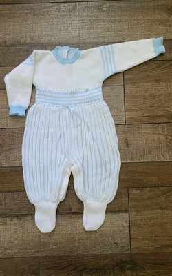 Vintage Baby Blue & White Sweater Knit Footed  One Piece Romper- 0-3 Months  EUC
