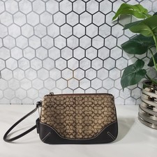 Coach Vintage Signature C Brown Tan Logo Canvas Leather Wristlet