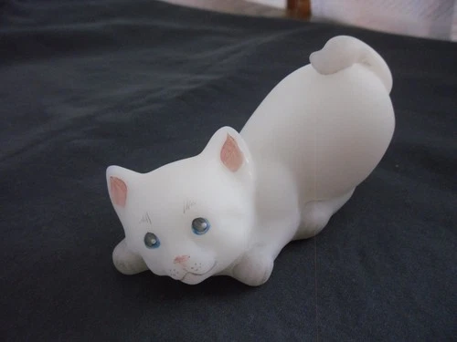 Fenton Satin Glass Crouching Cat Figurine Hand Painted Signed