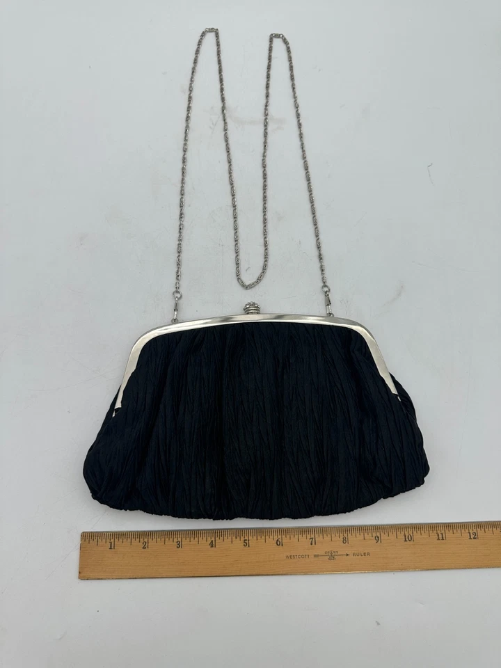 Bolso sin asas Neiman Marcus vintage negro acanalado cartera de noche correa de cadena Foto 2 de 4