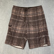 O  Neill Trunks Board Shorts Mens 34 Brown Plaid Flat Front Swimwear Summer Beach