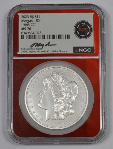2023 Fiji $1 Morgan Silver Dollar 1885 CC NGC MS70 Ryder Signature First Day