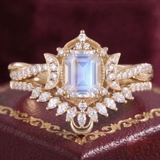 Emerald Cut Moonstone Bridal Ring Set 14K Gol...