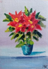 ACEO ORIGINAL oil painting  - Christmas Poinsettia  - 2.5x3.5 in artist MK
